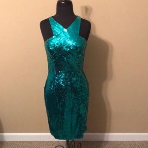 Cache brand green sequined dress.